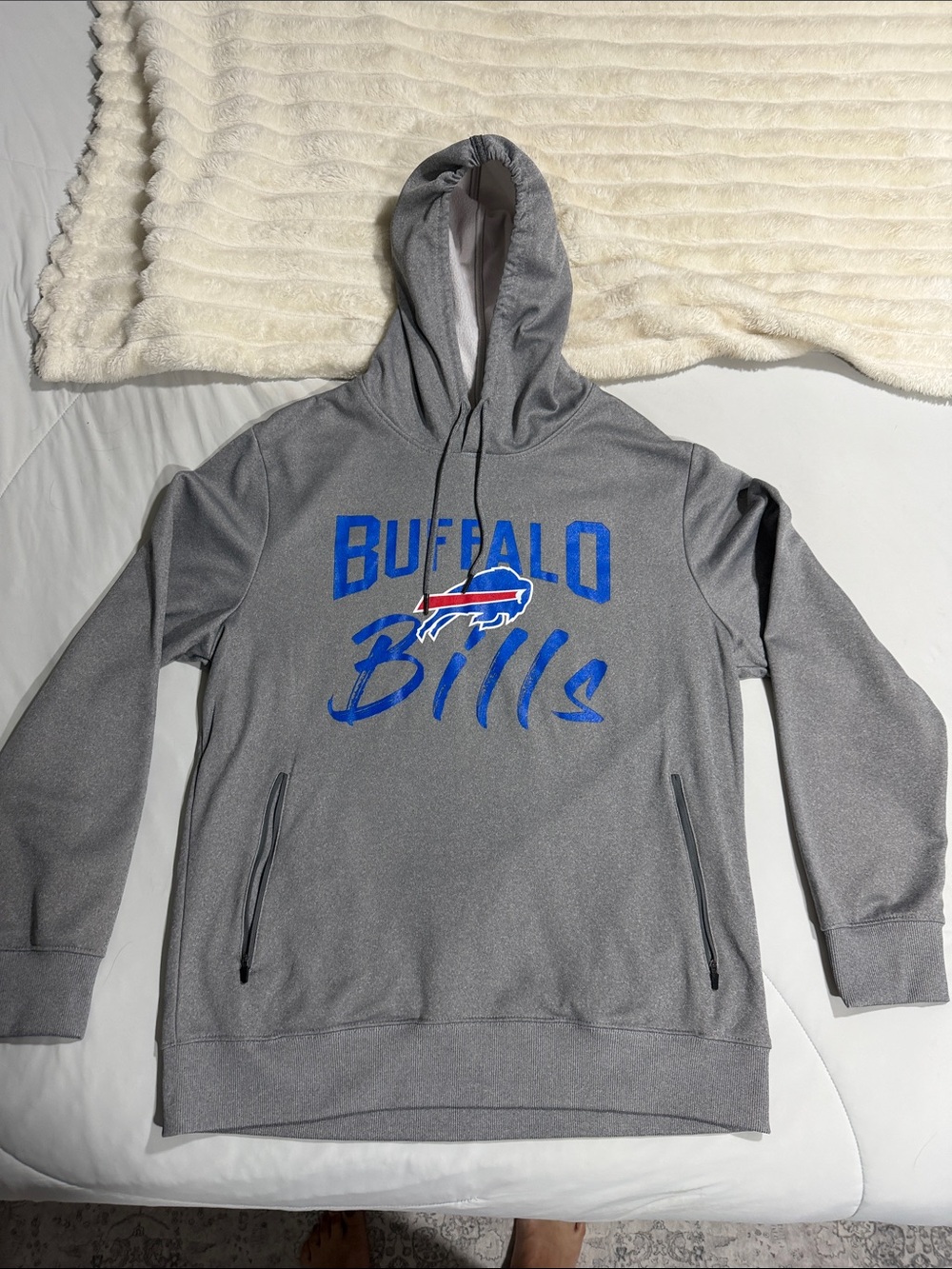 BUFFALO BILLS Gray Hooded Crewneck with Blue & Red Team Script